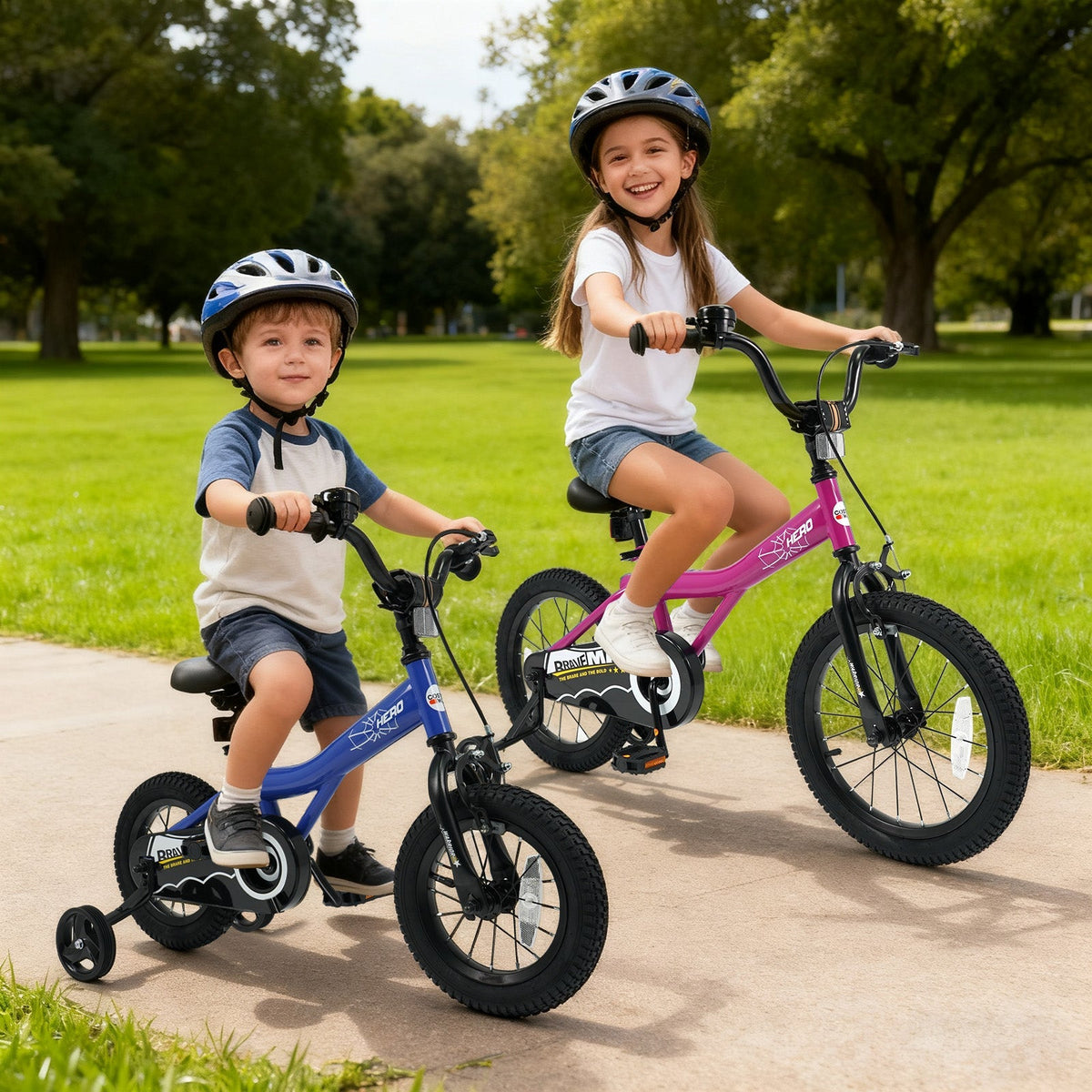 Pink 14-inch kids bike with removable training wheels from GBruno Store, featuring a sturdy frame and colorful design for young riders.