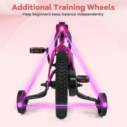 Pink 14-inch kids bike with removable training wheels, designed for young children, featuring a sturdy frame and colorful accents.
