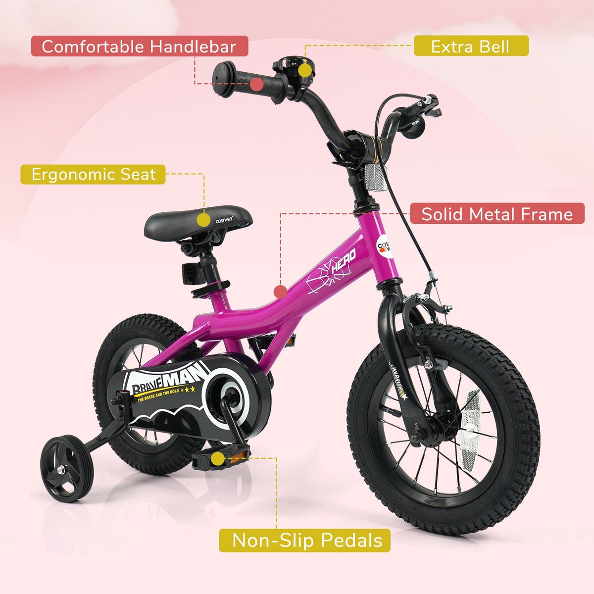 Pink 14-inch kids bike with removable training wheels and black handlebars, designed for young children learning to ride.