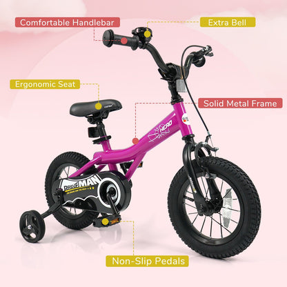 Pink 14-inch kids bike with removable training wheels and black handlebars, designed for young children learning to ride.