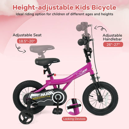 Pink 14-inch kids bike with removable training wheels and a sturdy frame, perfect for young children learning to ride.