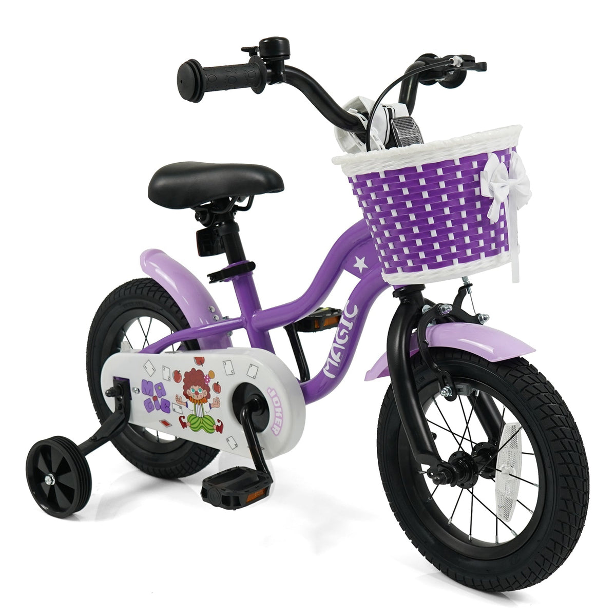 Purple kids bike with training wheels for ages 12-18 inches, featuring a sturdy frame and colorful design for young riders.