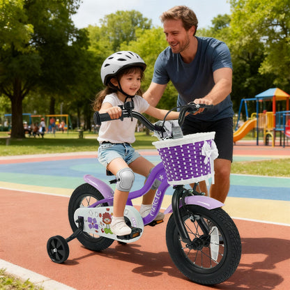 Purple kids bike with training wheels, 12-inch size, designed for children learning to ride, featuring a sturdy frame and colorful details.