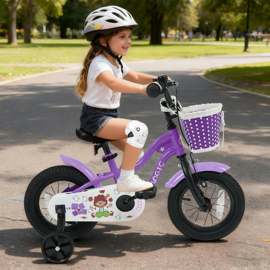Purple kids bike with training wheels, 12-inch size, designed for young children learning to ride, featuring a sturdy frame and colorful details.