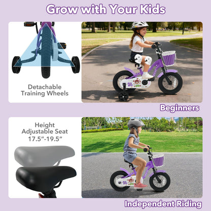 Purple kids bike with training wheels for ages 12-18 inches, featuring a sturdy frame and colorful design for young riders.