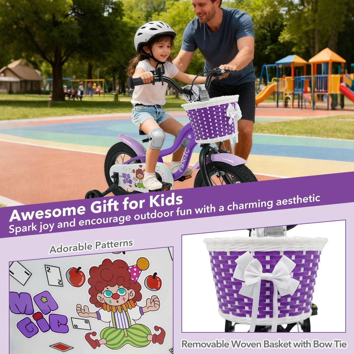 Purple kids bike with training wheels, 12-inch size, designed for children, featuring a sturdy frame and colorful design.