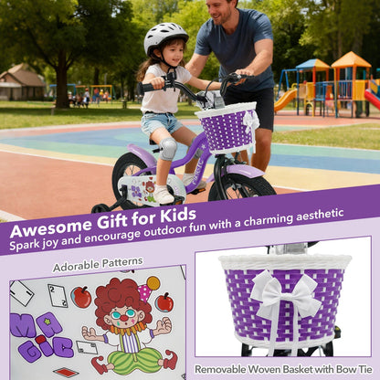 Purple kids bike with training wheels, 12-inch size, designed for children, featuring a sturdy frame and colorful design.