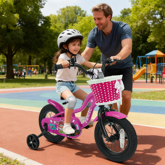 Kids bike with training wheels, 12-inch size, in pink with floral design, from GBruno Store, suitable for young children learning to ride