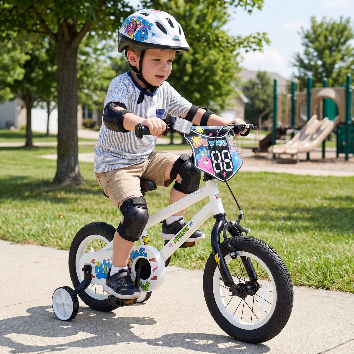 White kids bike with training wheels, 12-inch size, designed for young children, from GBruno Store.