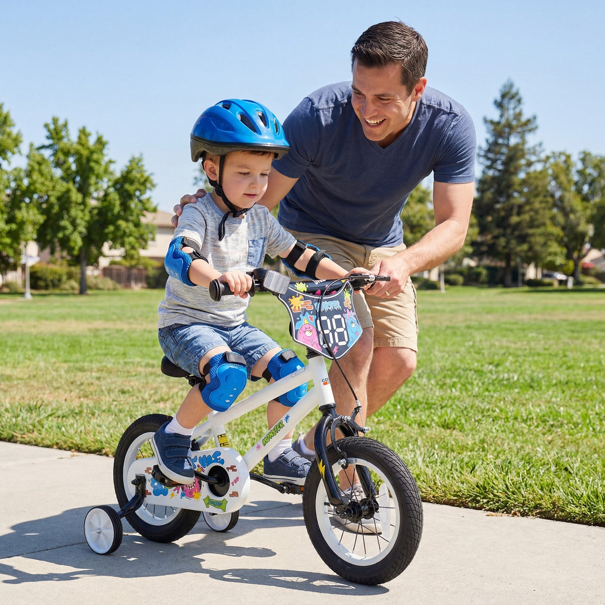 White kids bike with training wheels, 12-inch size, designed for young children, from GBruno Store, ideal for beginner riders.