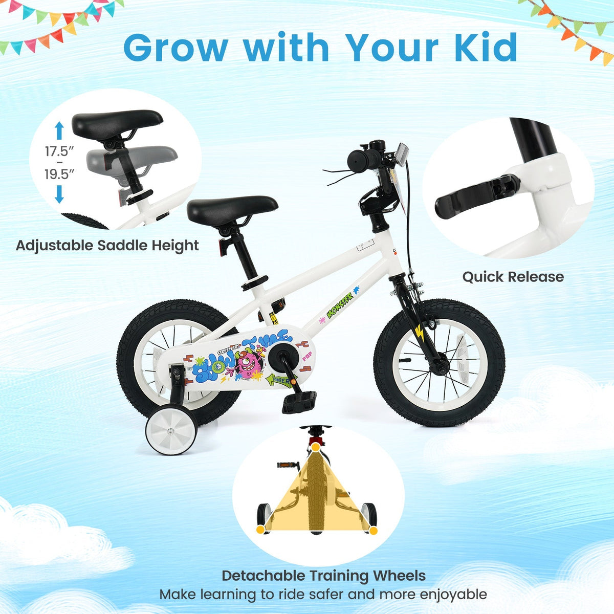 White kids bike with training wheels, 12-inch size, perfect for beginners, by GBruno Store.