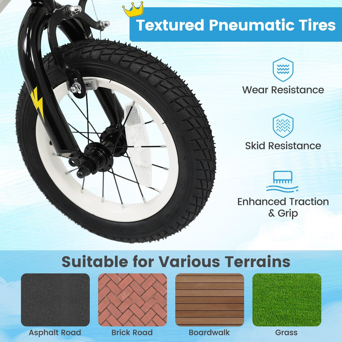 White kids bike with training wheels, 12-inch size, suitable for young children, by GBruno Store, shown parked on a sidewalk.