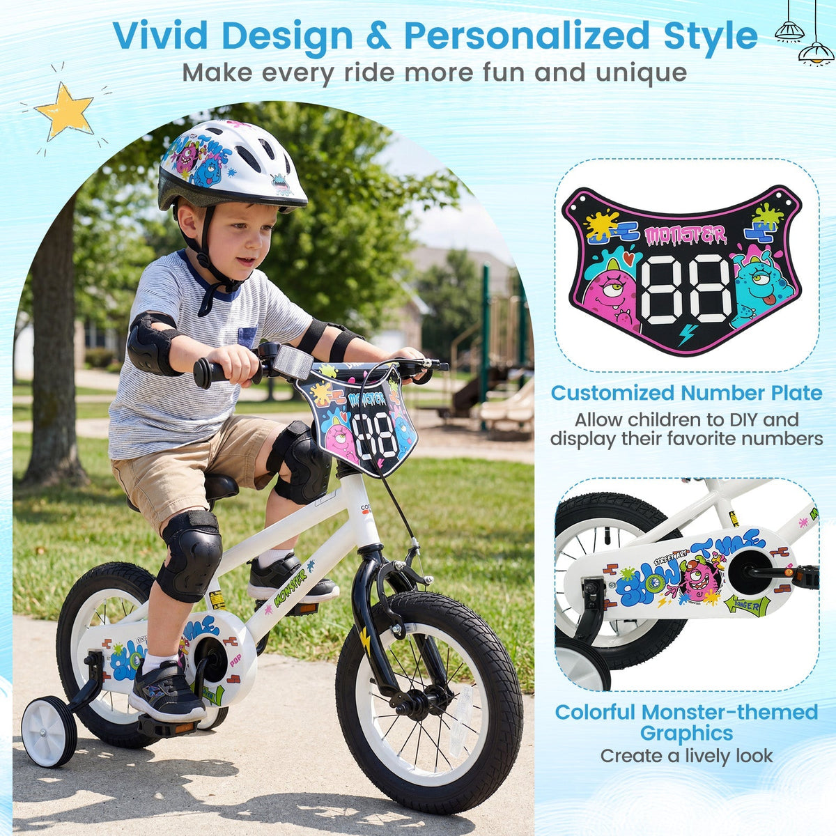 White kids bike with training wheels, 12-inch size, ideal for young children learning to ride, from GBruno Store.
