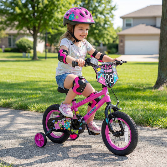 Pink kids bike with training wheels for ages 12-18 inches, featuring a sturdy frame and colorful design for young children.