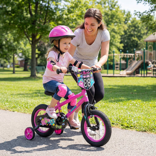 Pink kids bike with training wheels, 12-inch size, featuring a sturdy frame and colorful design for young children learning to ride.