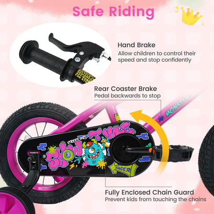 Pink kids bike with training wheels, 12-inch size, featuring a sturdy frame and colorful design, suitable for young children.