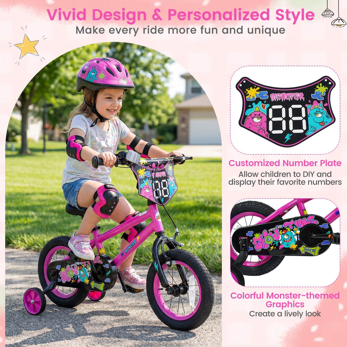 Pink kids bike with training wheels, 12-inch size from GBruno Store, featuring a sturdy frame and colorful design for young riders.