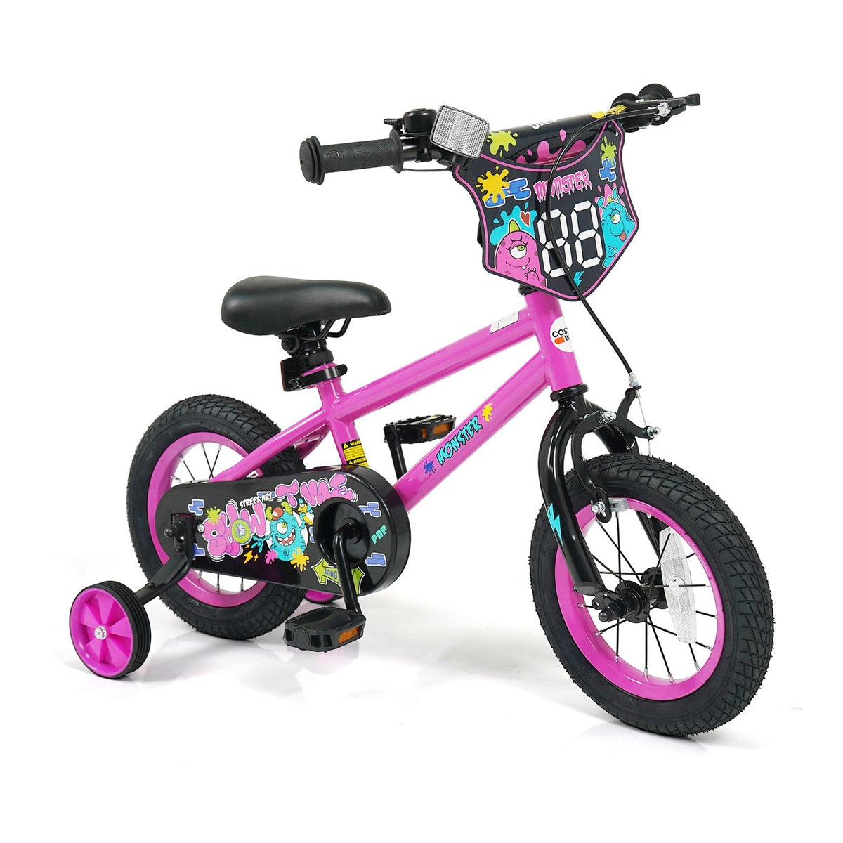 Pink kids bike with training wheels, 12-inch size, featuring a sturdy frame and colorful design for young children learning to ride.