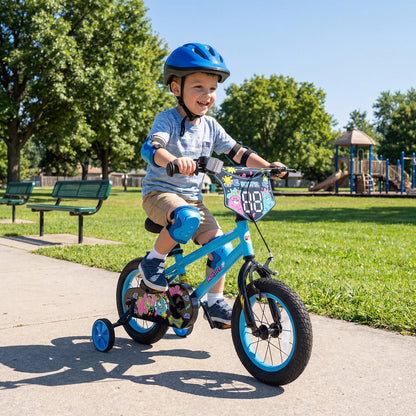 Kids 16-inch bike with training wheels by GBruno Store, designed for children aged 4 to 7, shown with colorful frame and safety features.