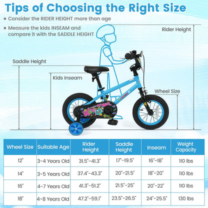 Kids bike with 16-inch wheels and training wheels, suitable for ages 4-7, featuring colorful frame and safety grips.