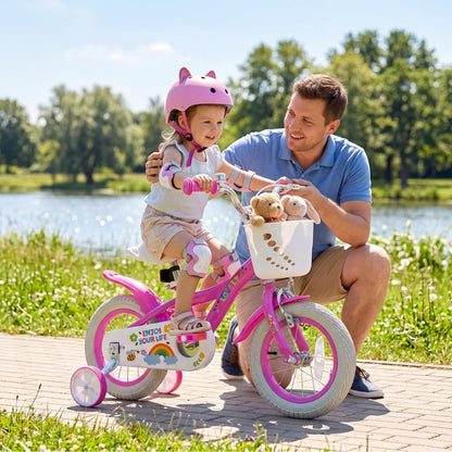 Girls bike with 12-inch wheels, training wheels, and basket, featuring a colorful frame for kids from GBruno Store.