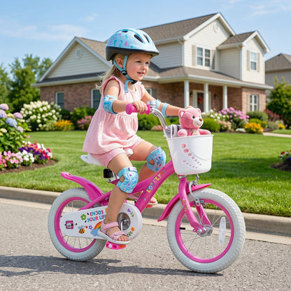 Girls kids bike with 12-inch wheels, training wheels, and basket, featuring a colorful design and sturdy frame.