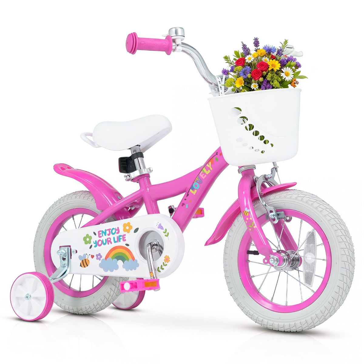 Girls' 12-inch kids bike with training wheels and basket by GBruno Store, featuring a colorful frame and safety handlebars.