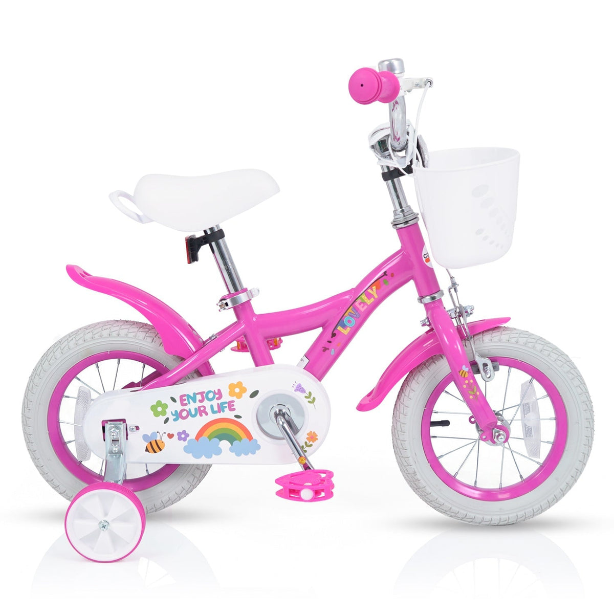 Girls kids bike with 12-inch wheels, training wheels, and a front basket in pink with colorful details, suitable for ages 12-18 inches.