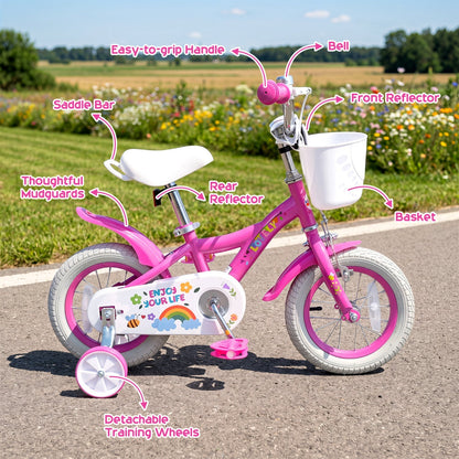 Girls' 12-inch kids bike with training wheels and basket, featuring a colorful frame and adjustable seat for young riders.