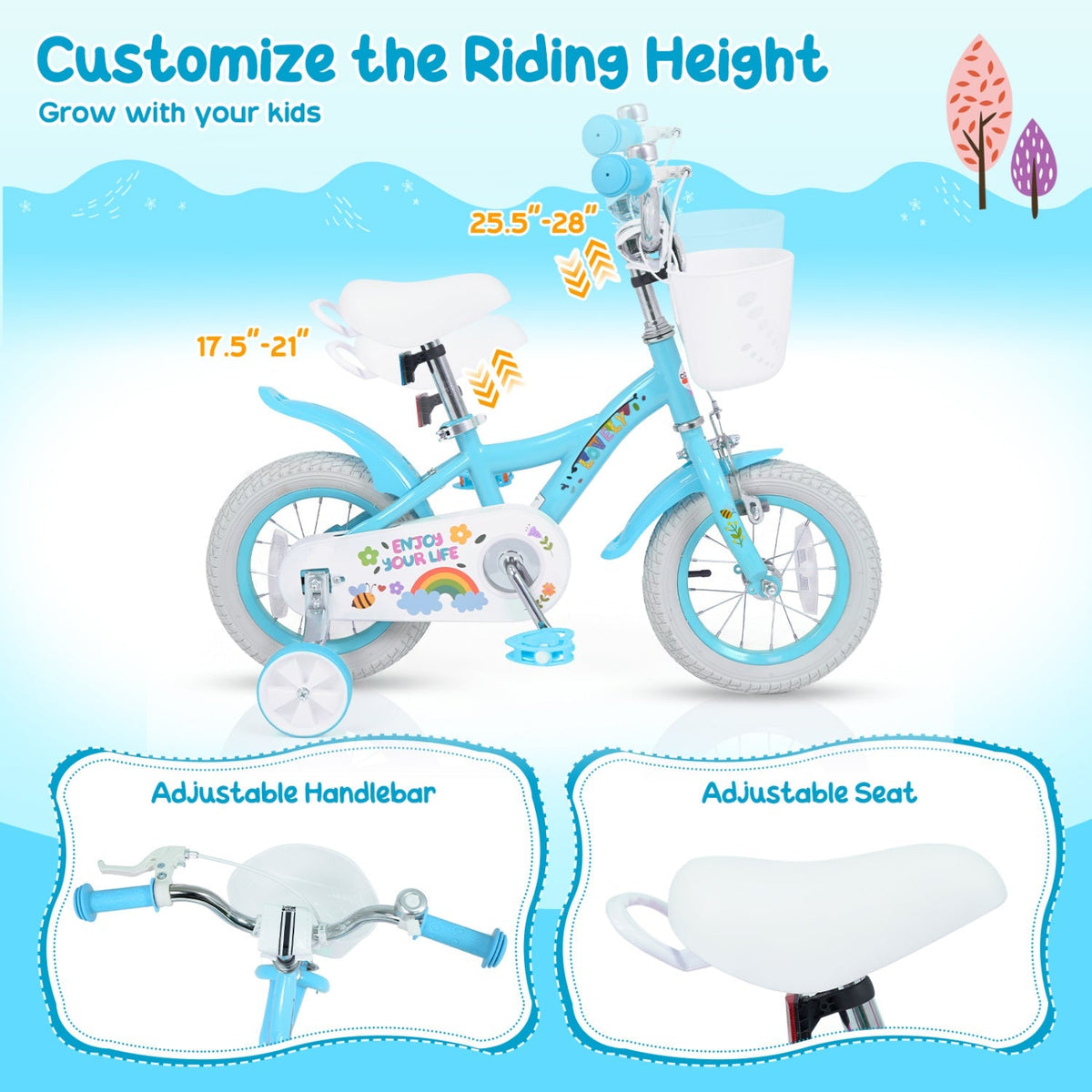 Girls kids bike with 12-inch wheels, training wheels, and front basket, designed by GBruno Store for young riders.