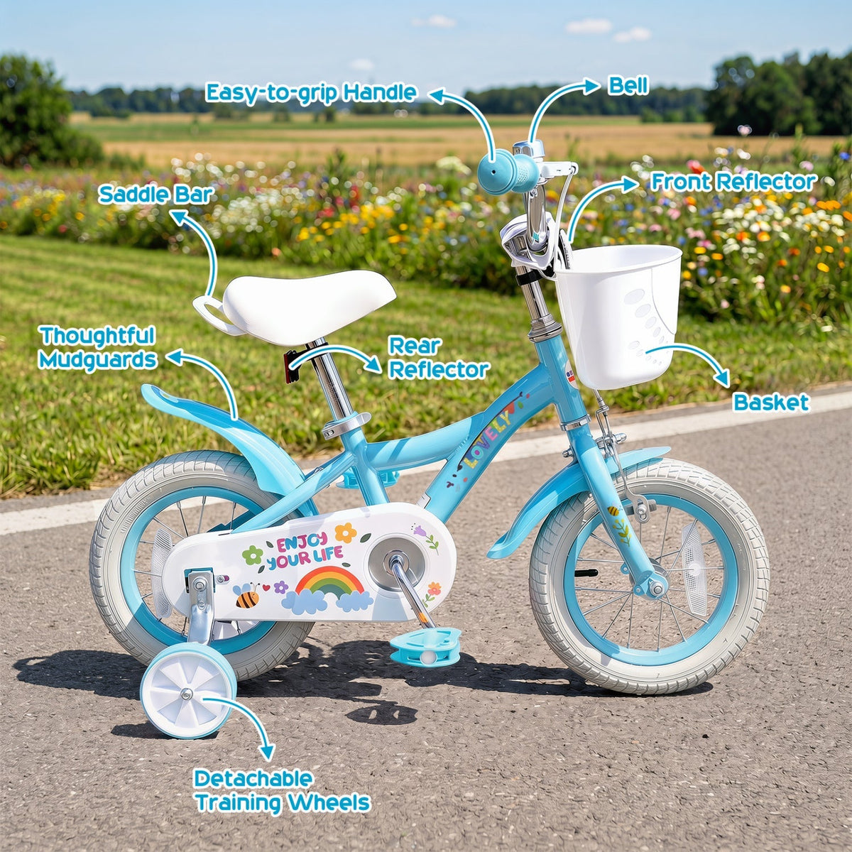 Girls' kids bike with 12-inch wheels, training wheels, and front basket by GBruno Store, suitable for ages 12 to 18 inches.