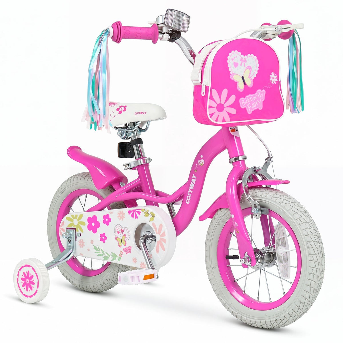 Girls kids bike with 12-inch wheels, training wheels, and front bag, featuring a colorful frame and adjustable seat.