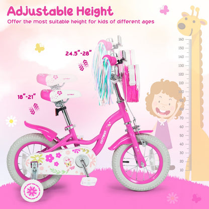 Girls kids bike with 12-inch wheels, training wheels, and front bag, featuring a colorful frame and adjustable seat.