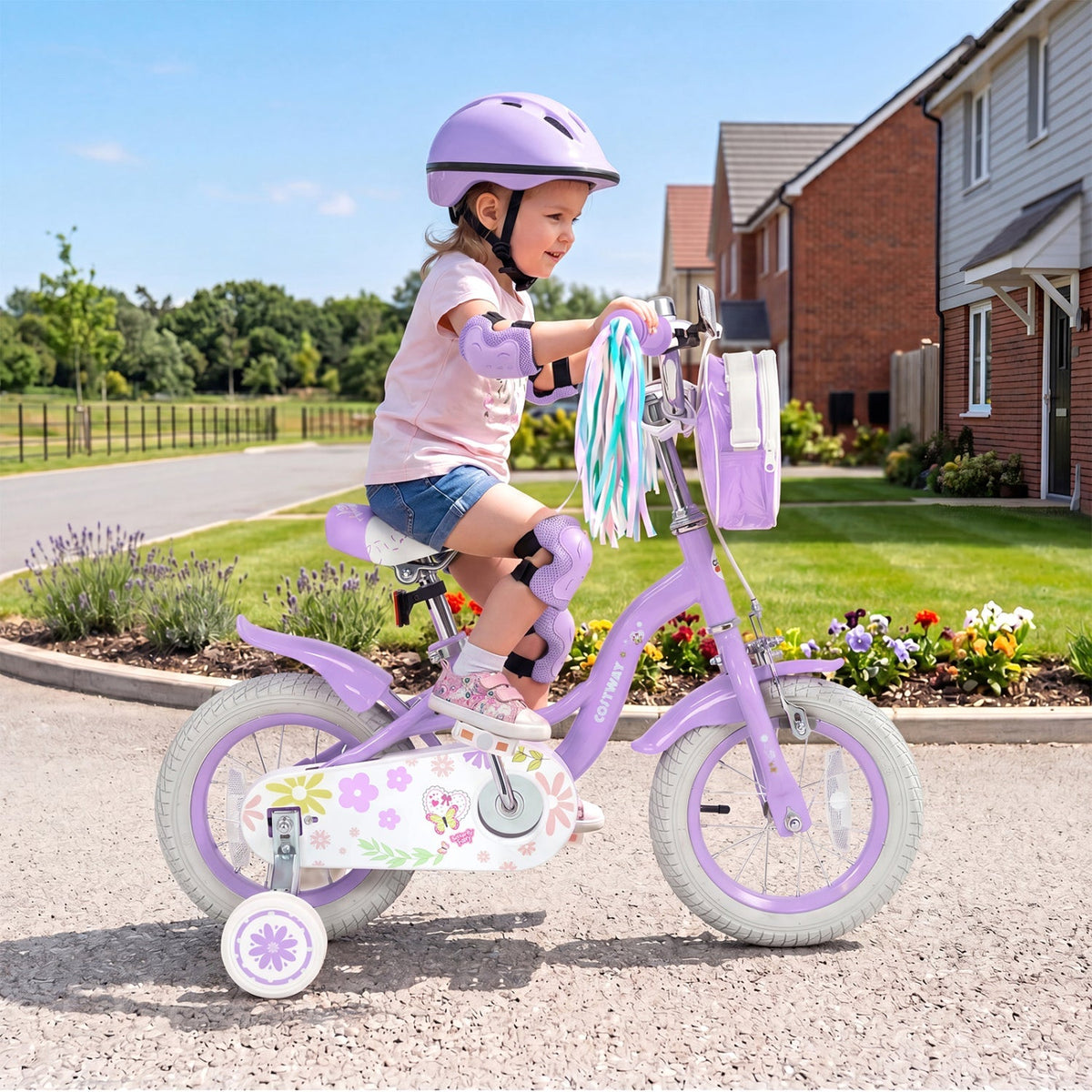 12-inch girls' kids bike with training wheels, pink frame and handlebar grips, suitable for ages 3 to 4, by GBruno Store