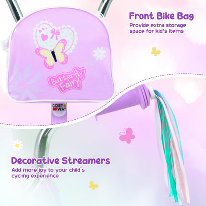 12-inch girls' kids bike with training wheels and pink frame, suitable for ages 3-4, featuring a comfortable seat and handlebar grips.