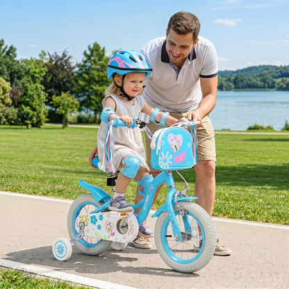 Girls kids bike with 12-inch wheels, training wheels, and front bag, designed by GBruno Store for young riders.