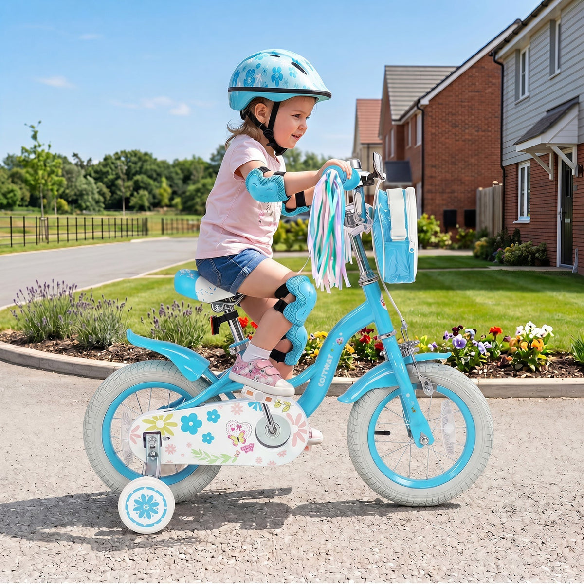 Girls kids bike with 12-inch wheels, training wheels, and a front bag, ideal for young riders from GBruno Store.