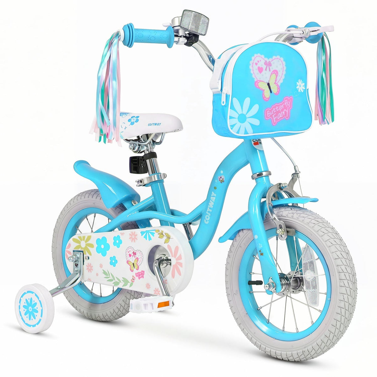 Girls bike for ages 12-18 inches with training wheels and front bag, featuring a colorful frame and sturdy tires.