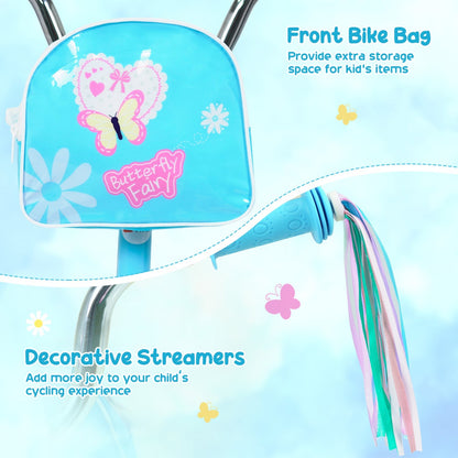 Girls bike with 12-inch wheels, training wheels, and a front bag, featuring a colorful frame and adjustable seat for kids.