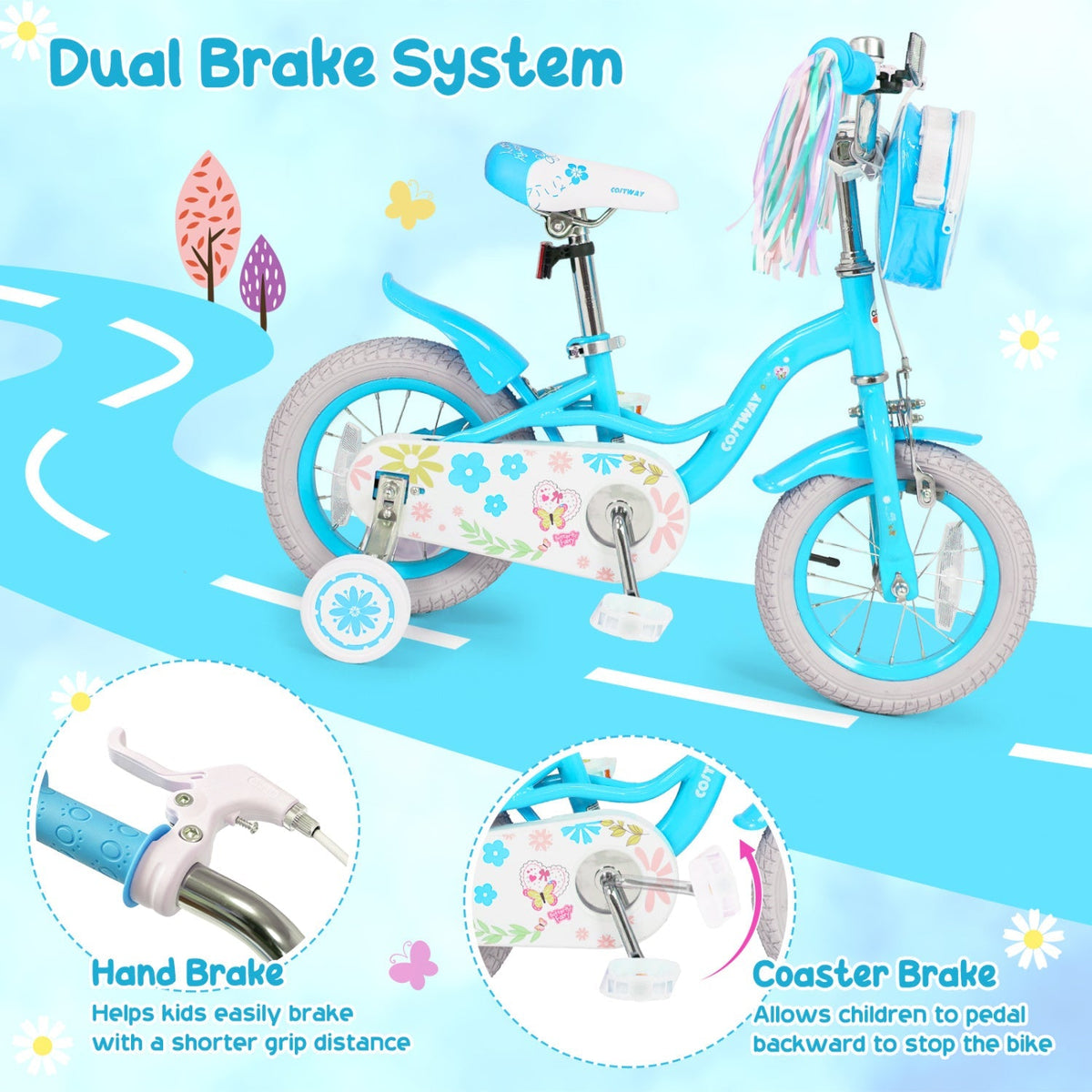 Girls kids bike with 12-inch wheels, training wheels, and a front bag, featuring a colorful frame for young riders.