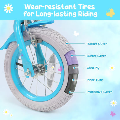 Girls 12-18 inch kids bike with training wheels and front bag, featuring a colorful frame and adjustable seat for young riders.