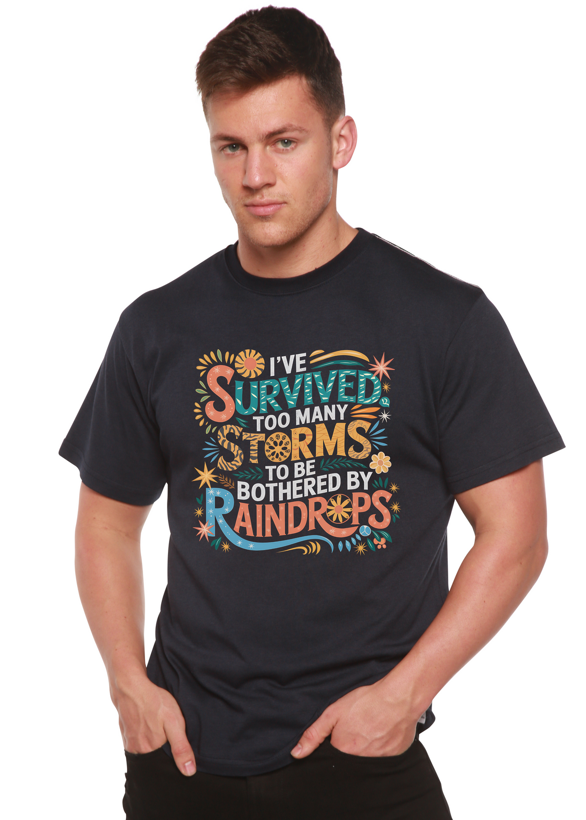 Unisex bamboo cotton graphic T-shirt with "I've Survived Too Many Storms" slogan, by Spun Bamboo, men's printed tee.