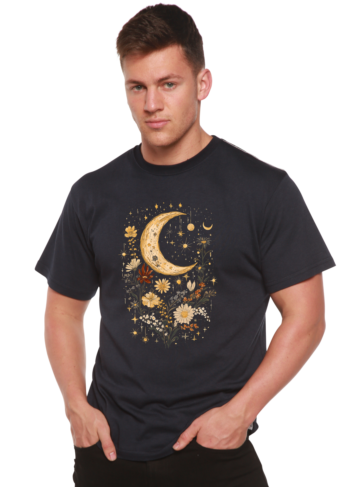 Men's printed T-shirt by Spun Bamboo featuring celestial moon, boho flowers, vintage design, made from bamboo and cotton fabric.