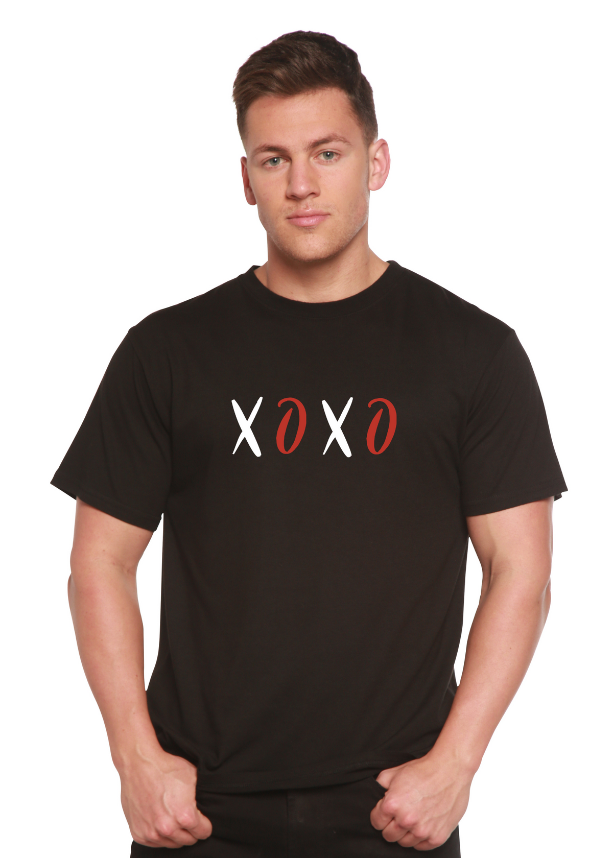 Spun Bamboo XOXO unisex bamboo and cotton graphic T-shirt with printed design, suitable for men.