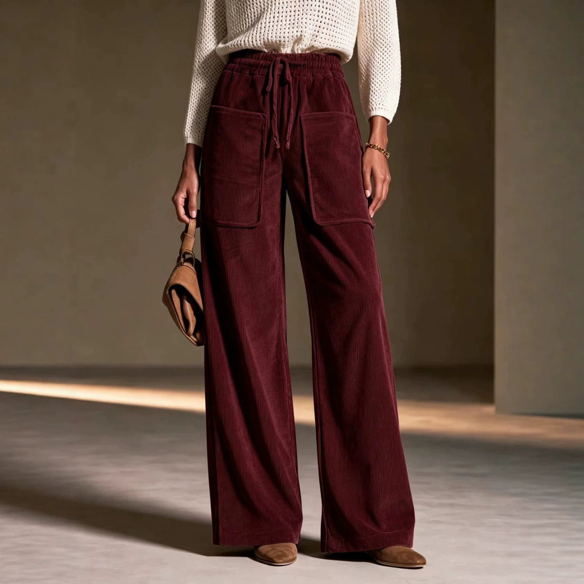 Women's high-waisted drawstring corduroy wide-leg pants in a relaxed silhouette