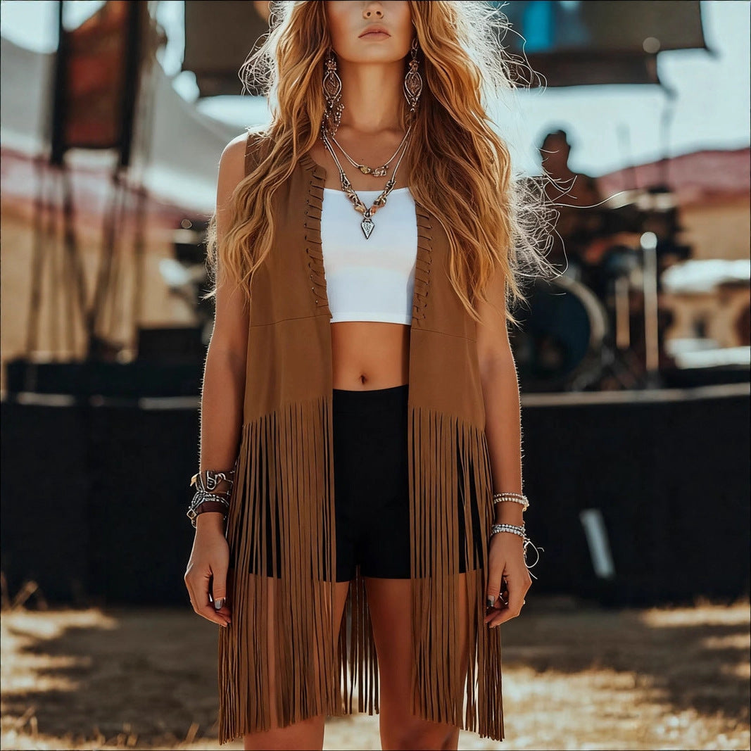 Suede tassel shawl sleeveless vest jacket in a textured finish with draped front and fringe detailing
