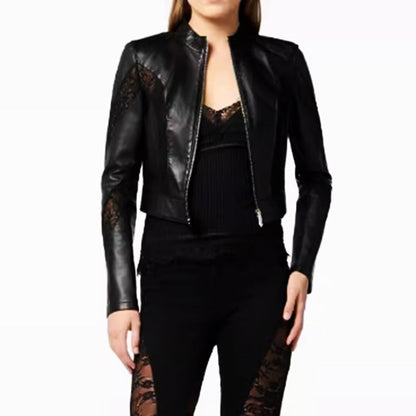 Faux leather lace patchwork cropped jacket with a textured panel design and zip front