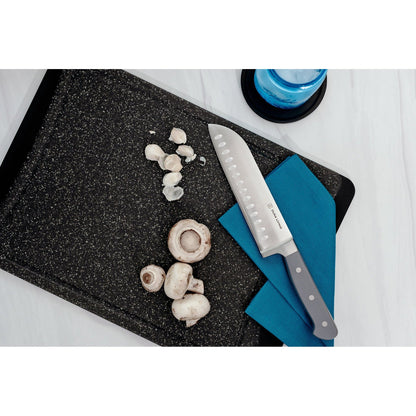 Dura Living Superior 7-inch gray Santoku Knife with a stainless steel blade and ergonomic handle for precise slicing and chopping.