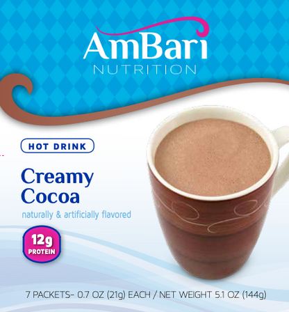 AmBari Nutrition hot chocolate drink with creamy cocoa flavor, featuring 12 grams of protein in a smooth, rich beverage.