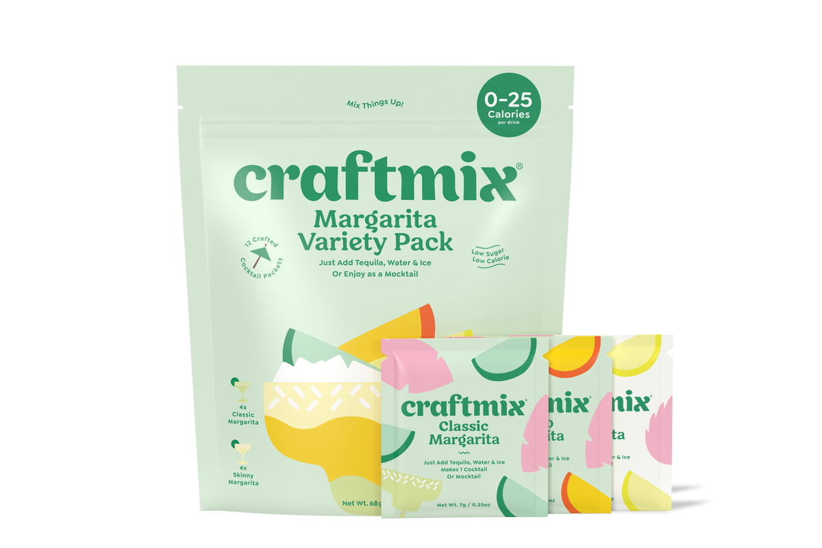 Assorted Craftmix Margarita Variety Pack with 12 cocktail mixes in colorful packaging for flavorful margarita options.